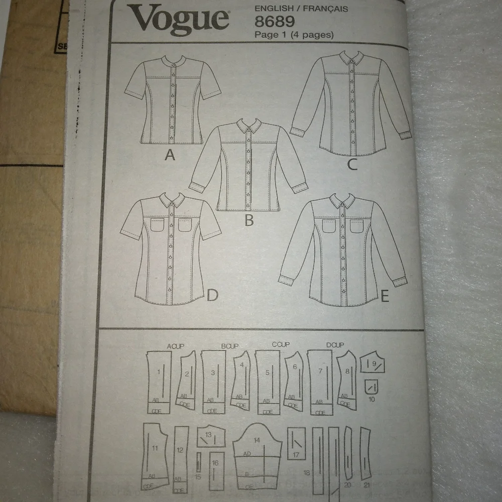 VOGUE V8689 Sz 14-22 Misses' Button-Down Yoke Shirts, EASY